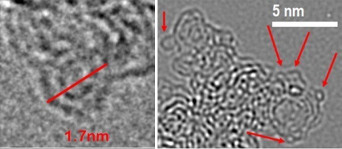 High-resolution transmission electron microscopy image of fullerene-like carbon particles.